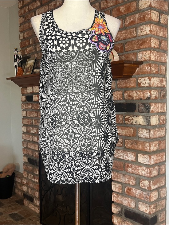 Desigual Tops - Desigual Black & White Sleeveless Patterned Tunic with Colorful Floral Patch